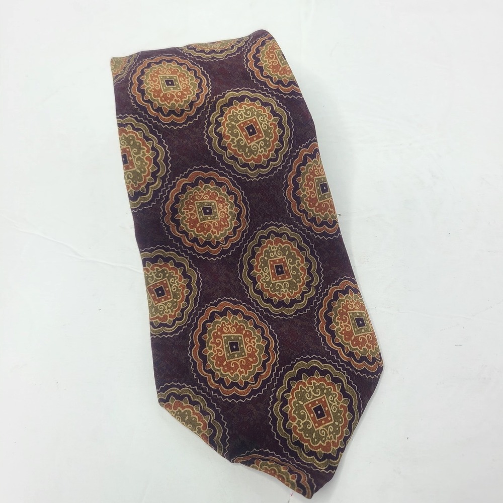 Vintage Burberrys of London Silk Tie Burgundy Gold Medallion Print Hand Sewn USA